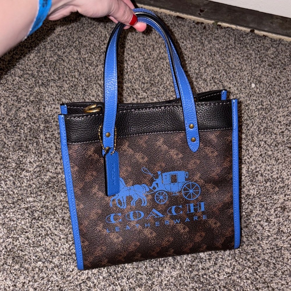 Coach Brown Signature Tote with Bright Blue Trim
